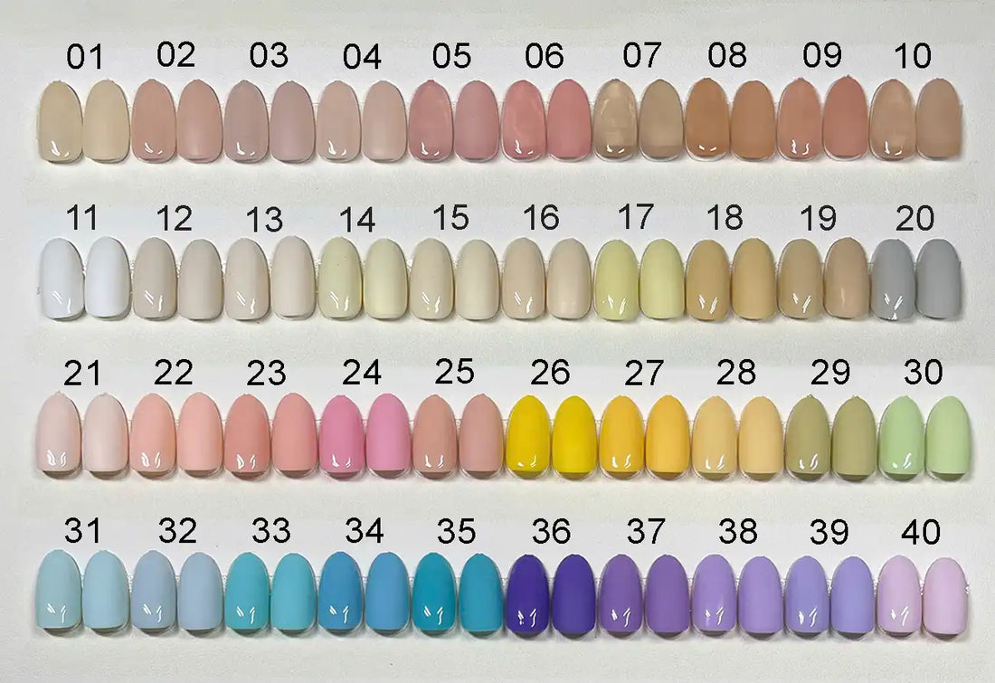 Color chart of 90 handmade press-on nails in various shades for custom nail selection