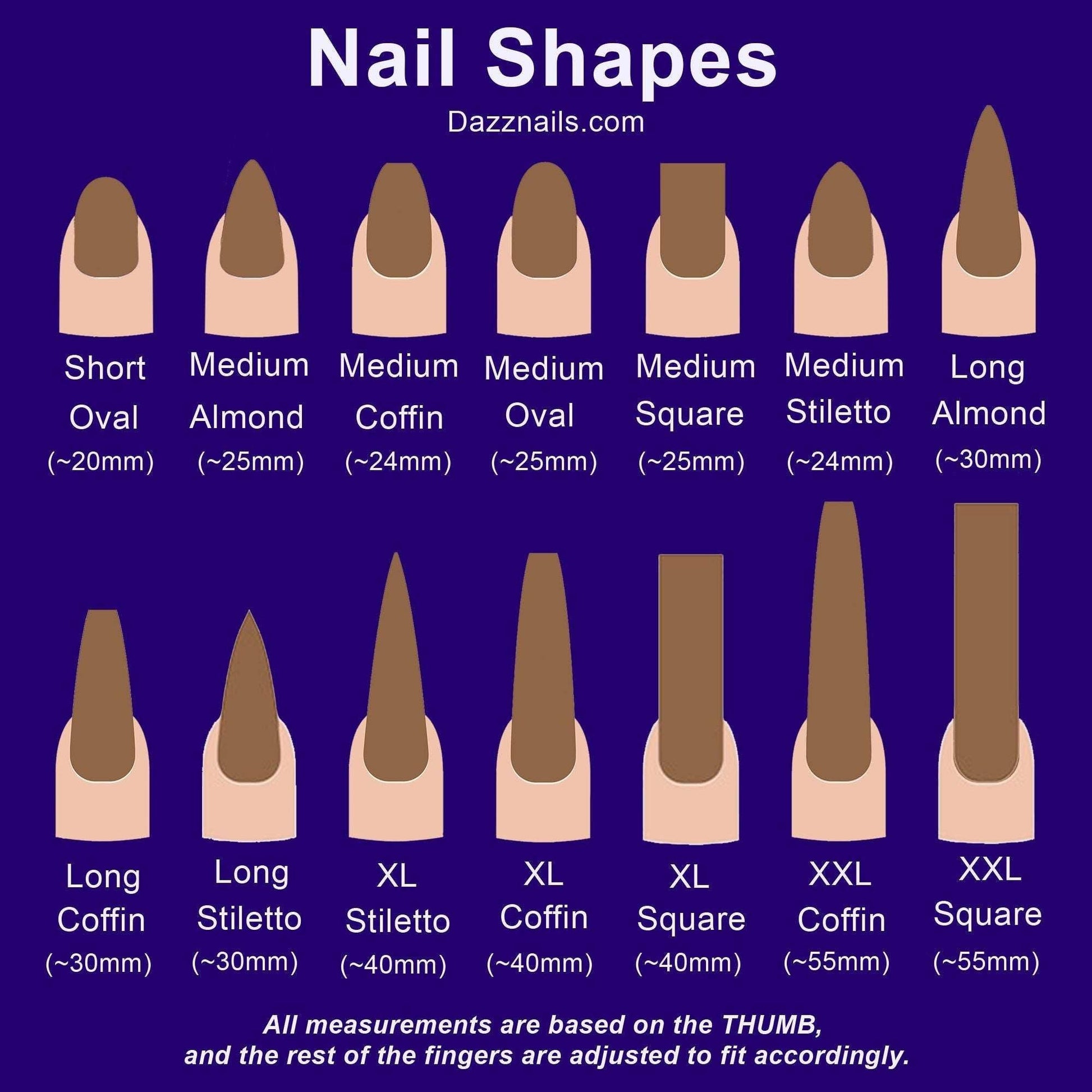 Chart showing different nail shapes and lengths for reusable press-on nails, including oval, almond, coffin, stiletto, and square tips.
