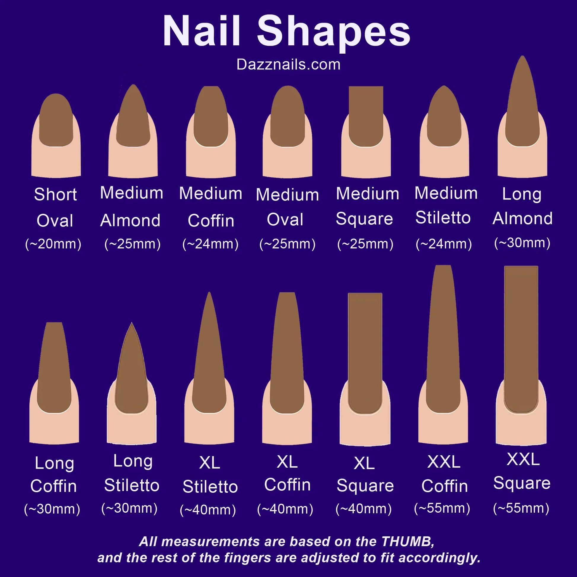 Chart of nail shapes and lengths including oval, almond, coffin, stiletto, and square types