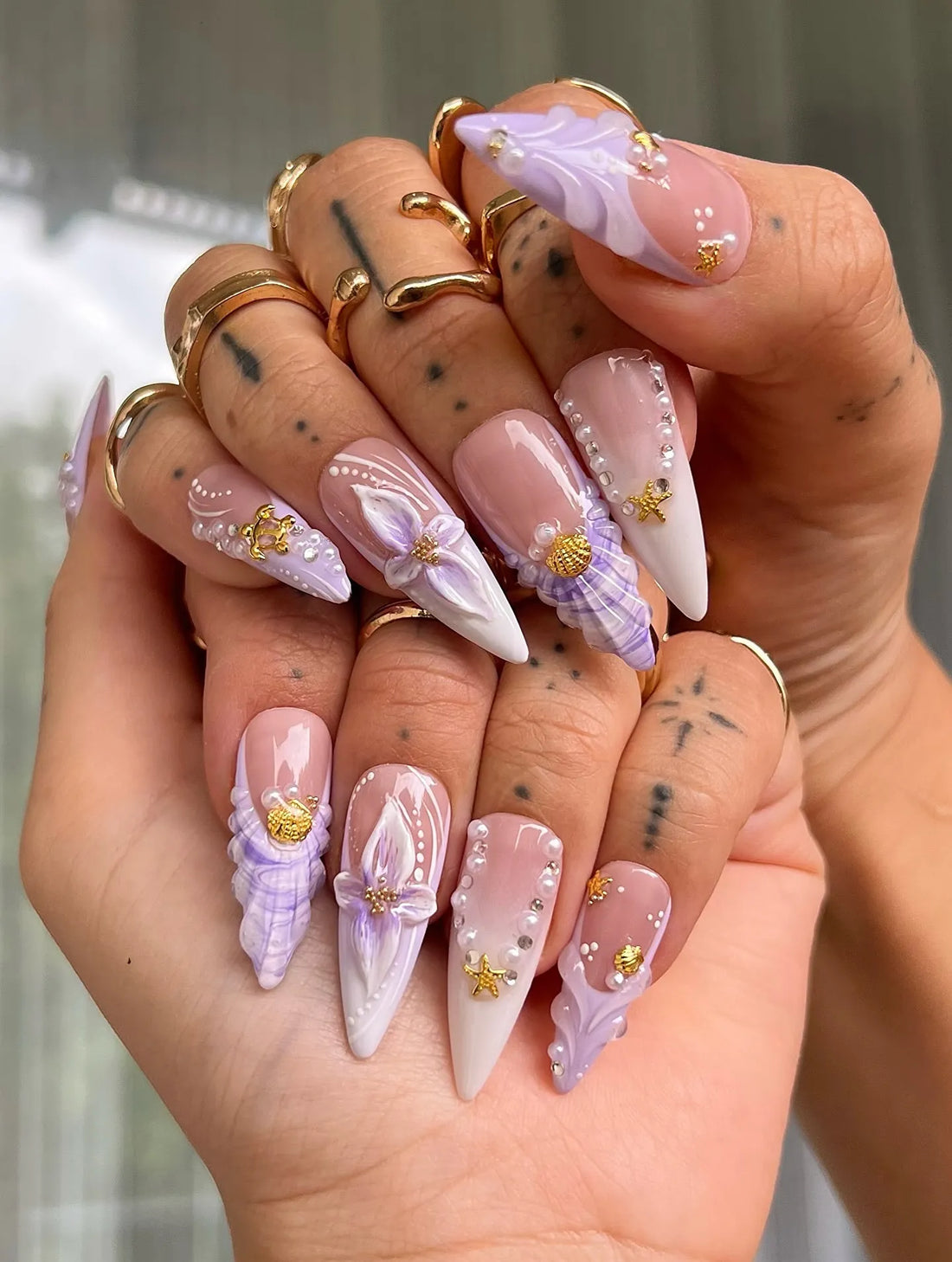 Handmade 3D lilac fairy blossom ombre press-on nails with gold charms and floral accents