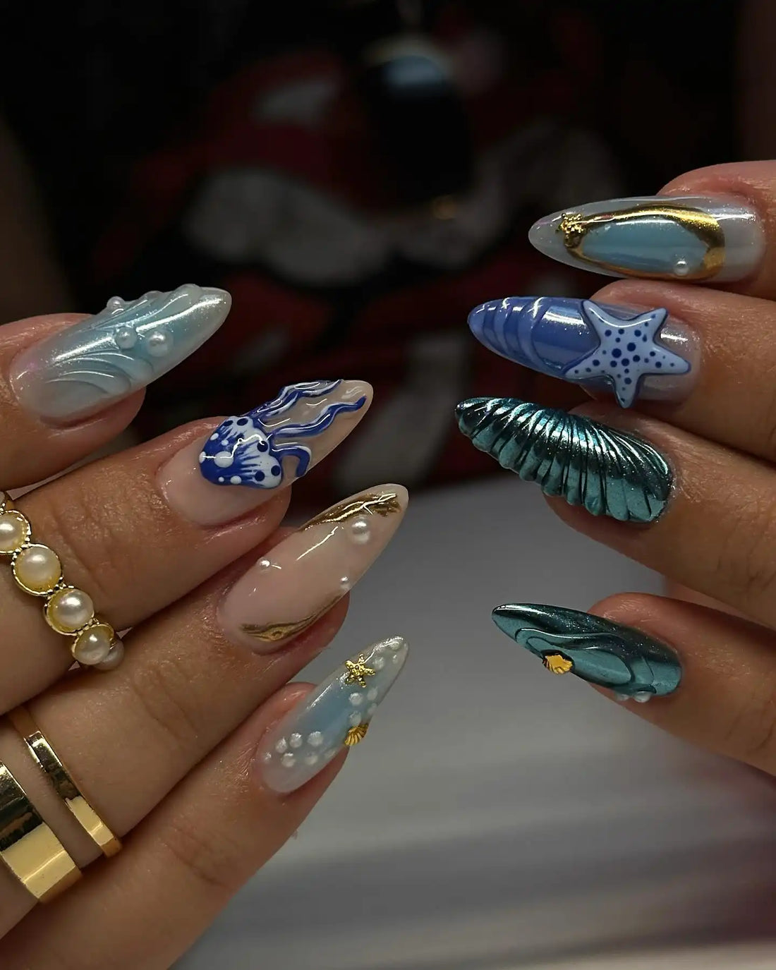 Handmade summer press-on nails with 3D ocean, seashell, and starfish designs