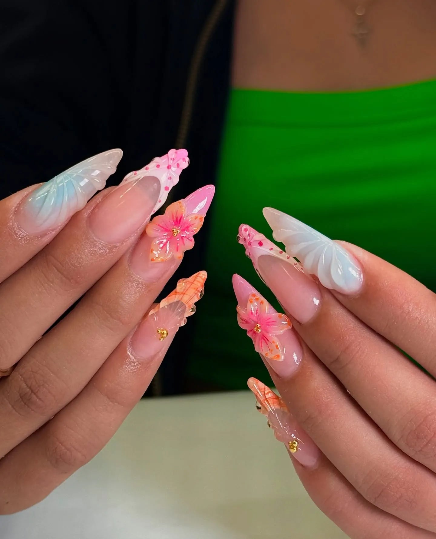 Handmade pastel mermaid shell and tropical floral press-on nails with 3D pearl art