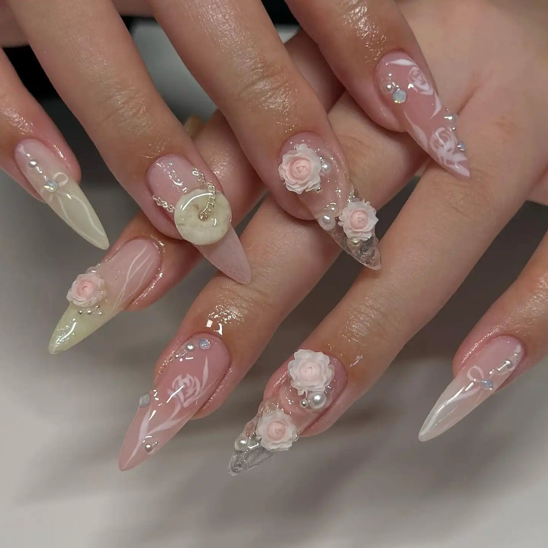 Handmade 3D pink rose spring press-on nails with pearls and delicate floral accents