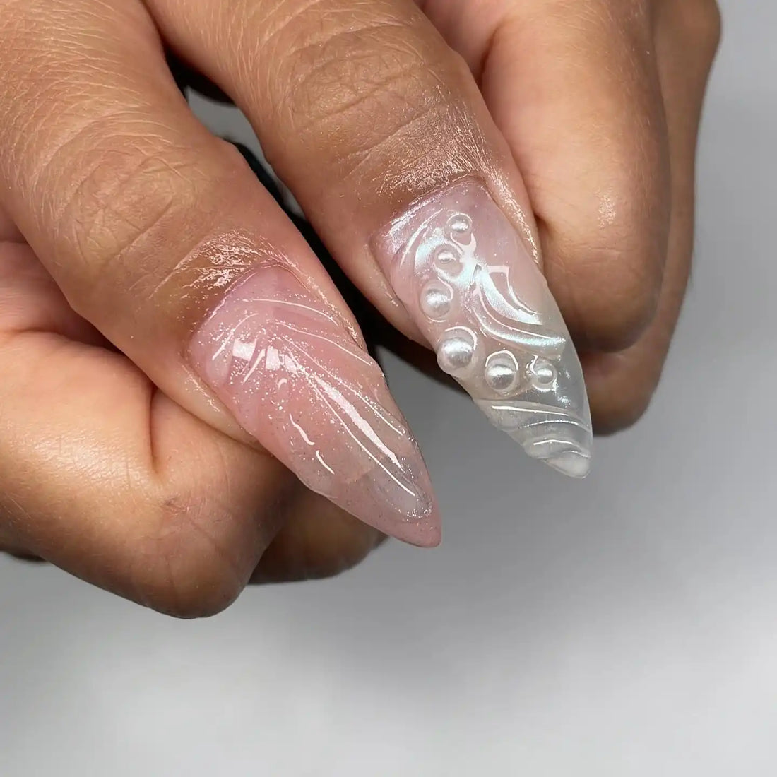 Handmade press-on nails with chrome green, pink, 3D flower, pearl and leaf designs