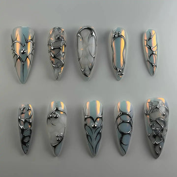 Handmade chrome silver 3D heart abstract metallic press-on nails with futuristic designs