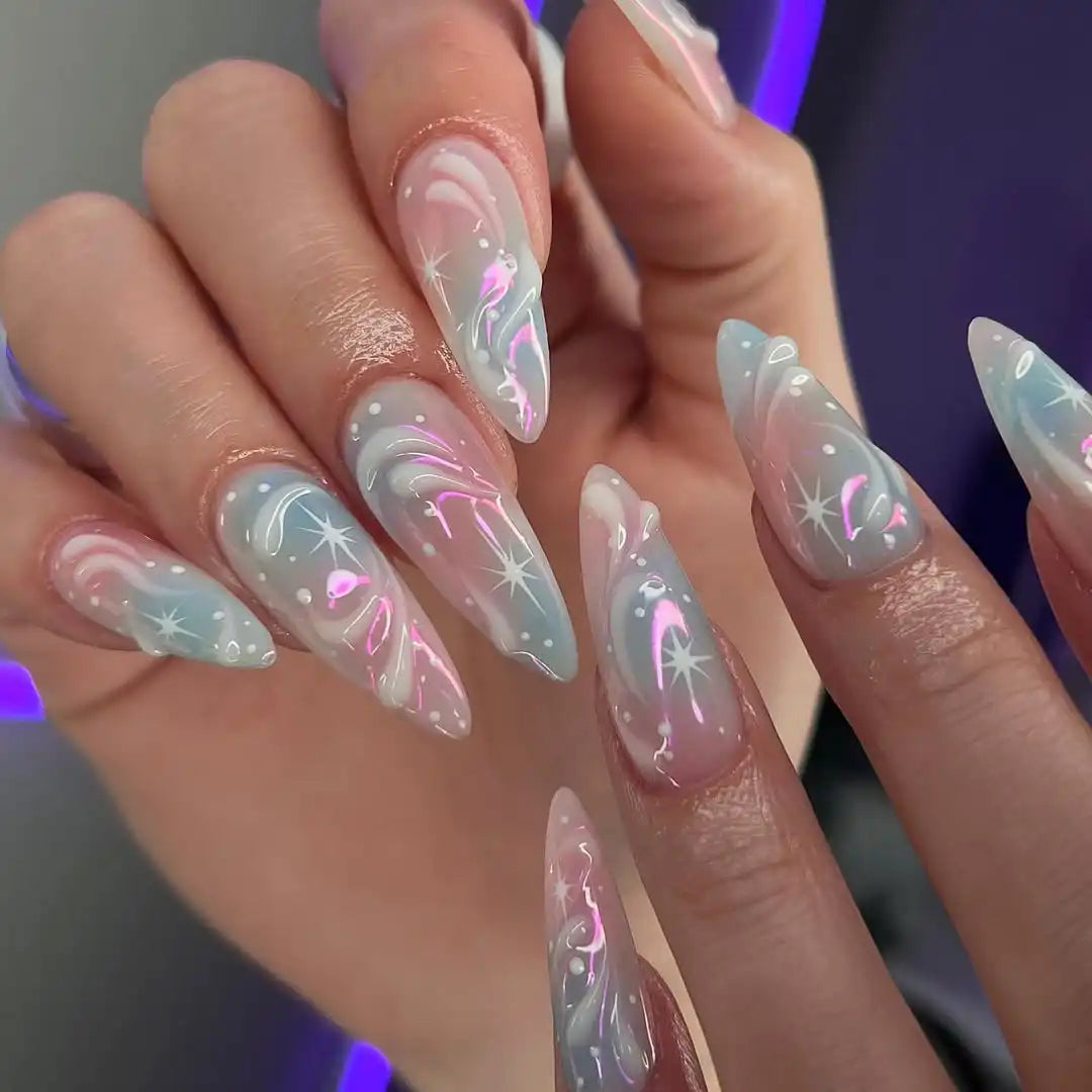 Handmade colorful mirror effect press-on nails with white star designs, almond shape