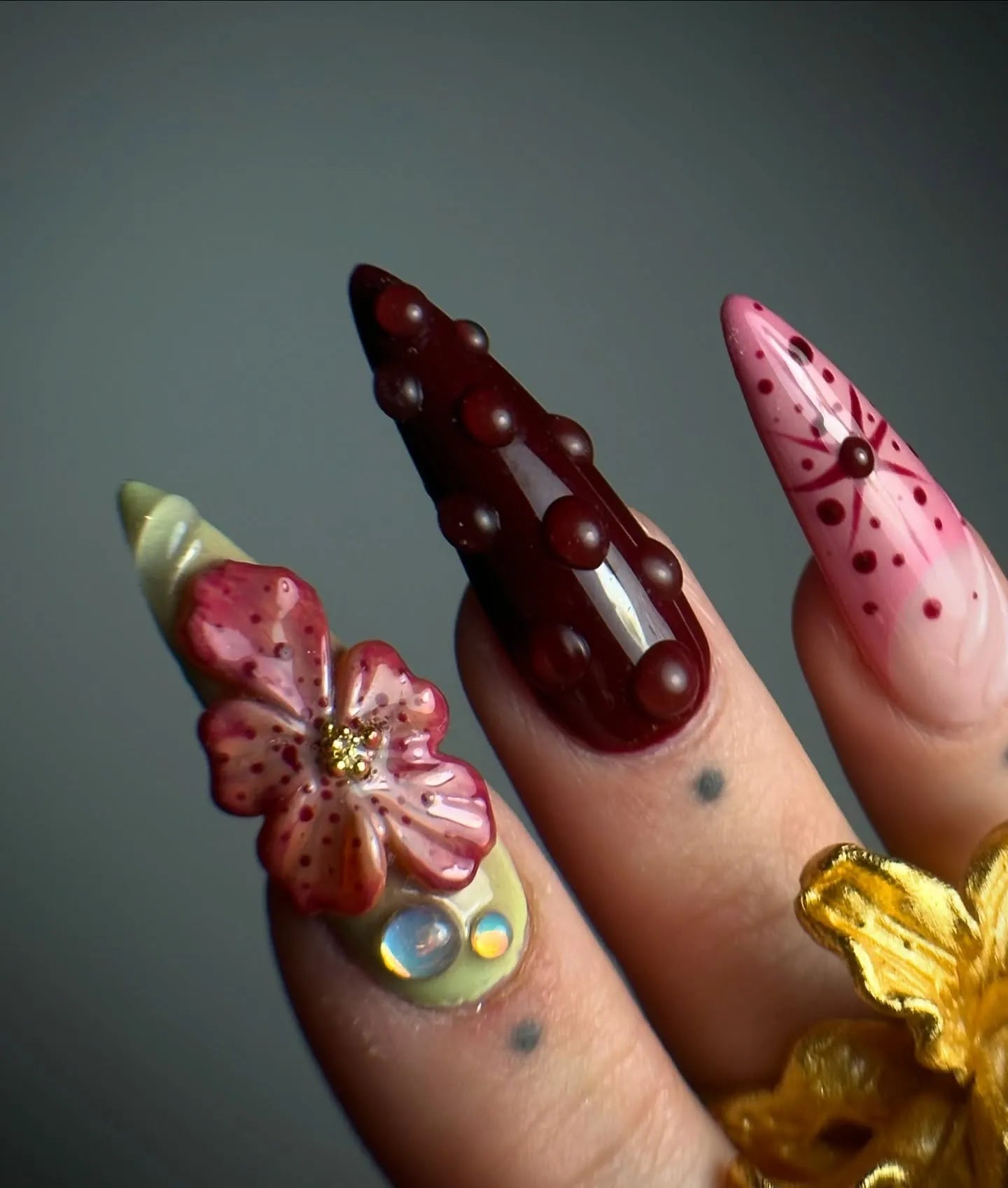 Handmade deep red 3D floral artistic press-on nails with gemstone accents