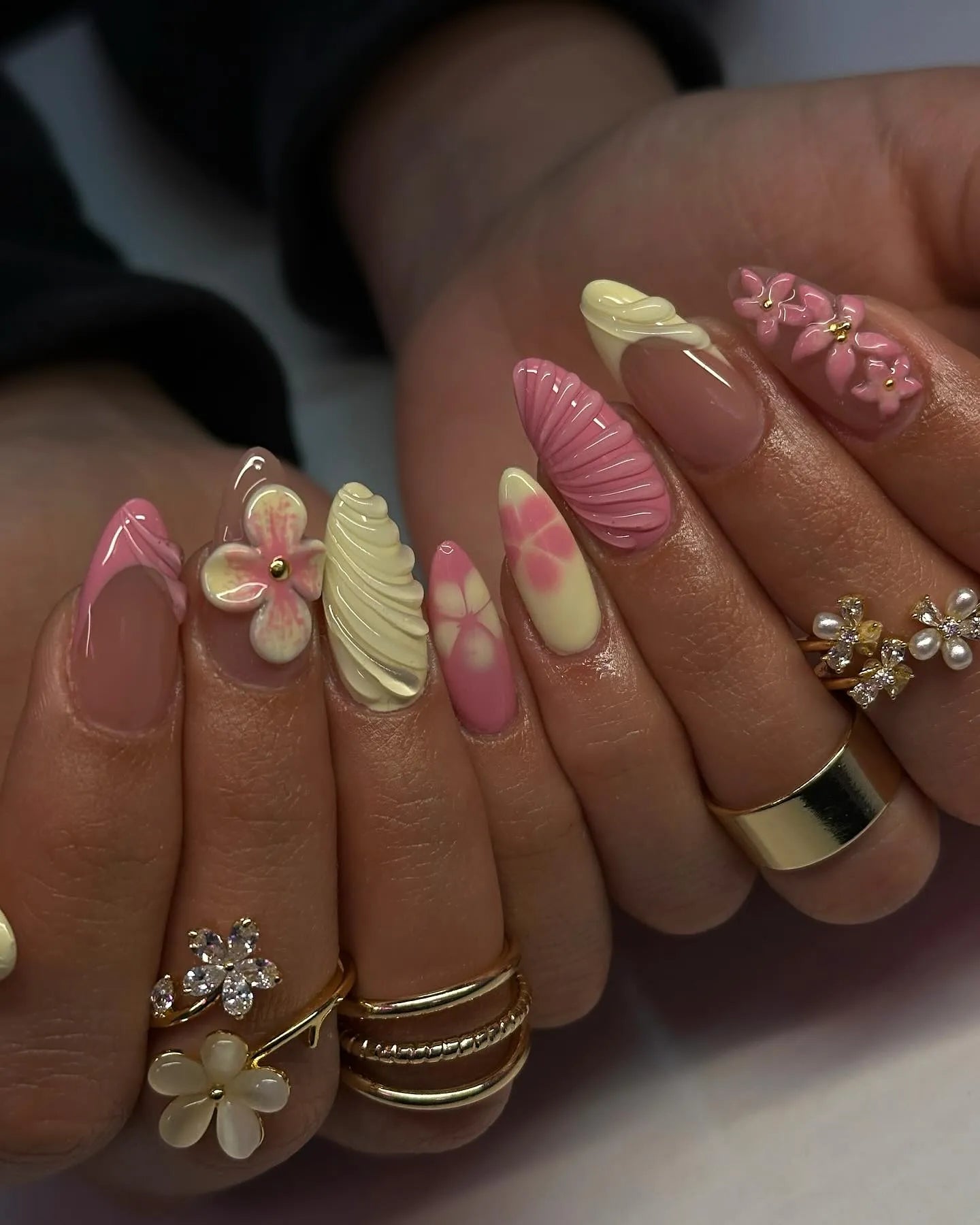 Handmade pink and yellow 3D flower press-on nails with sculpted shell designs, spring style