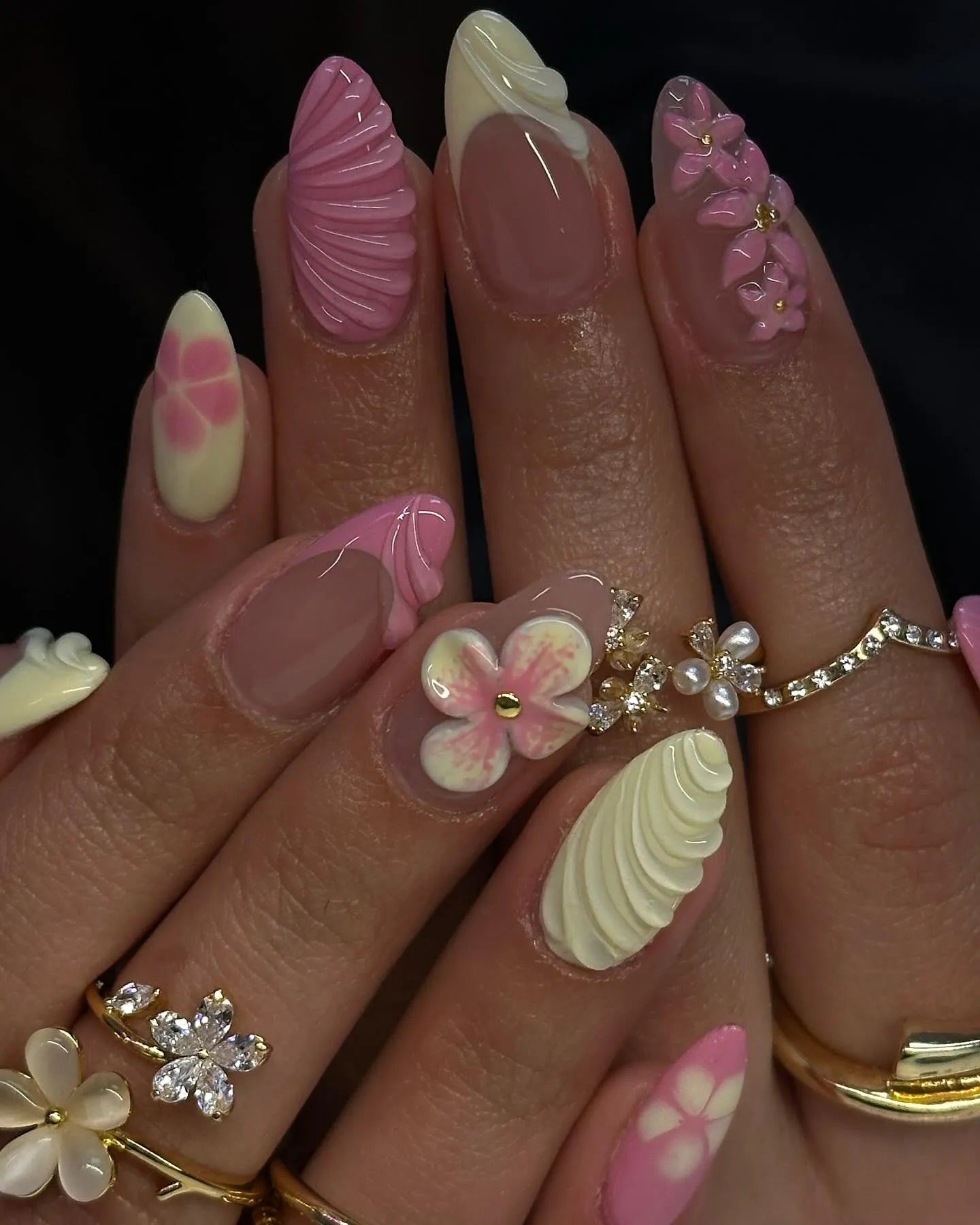 Handmade pink and yellow 3D flower shell sculpted press-on nails with spring designs