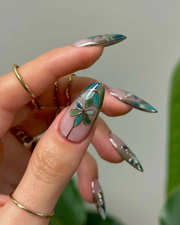 Handmade green floral stained glass press-on nails with elegant garden-inspired design