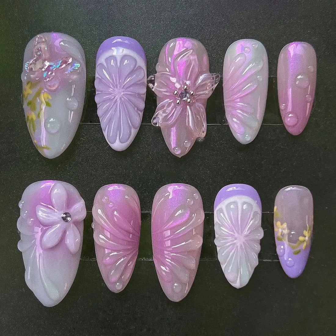 Handmade iridescent purple and pink floral butterfly fantasy press-on nails set