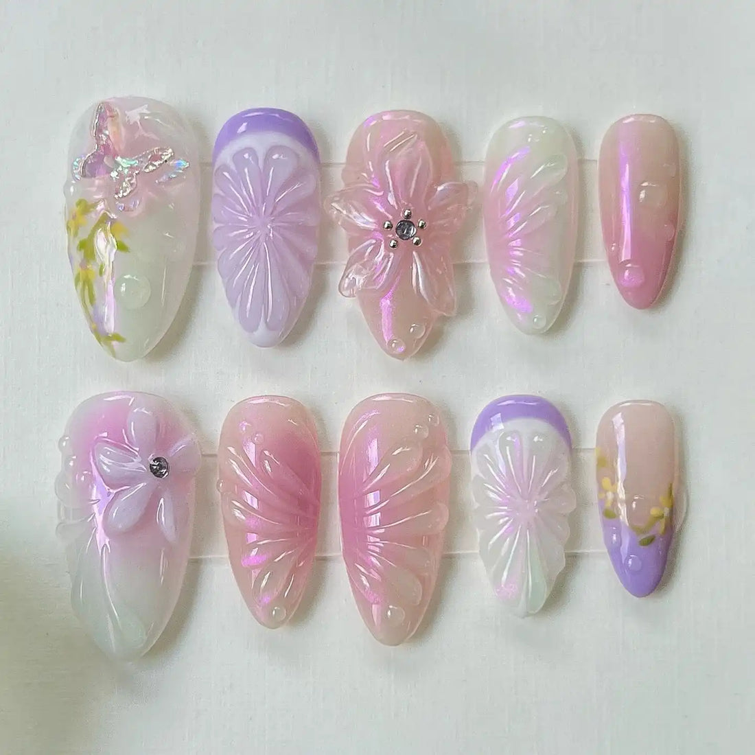 Handmade iridescent purple and pink floral butterfly fantasy press-on nails set