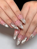Hand with elegant iridescent shell 3D pearl French tip press-on nails