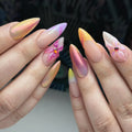 Handmade iridescent sunset chrome pink 3D floral press-on nails with gradient tips