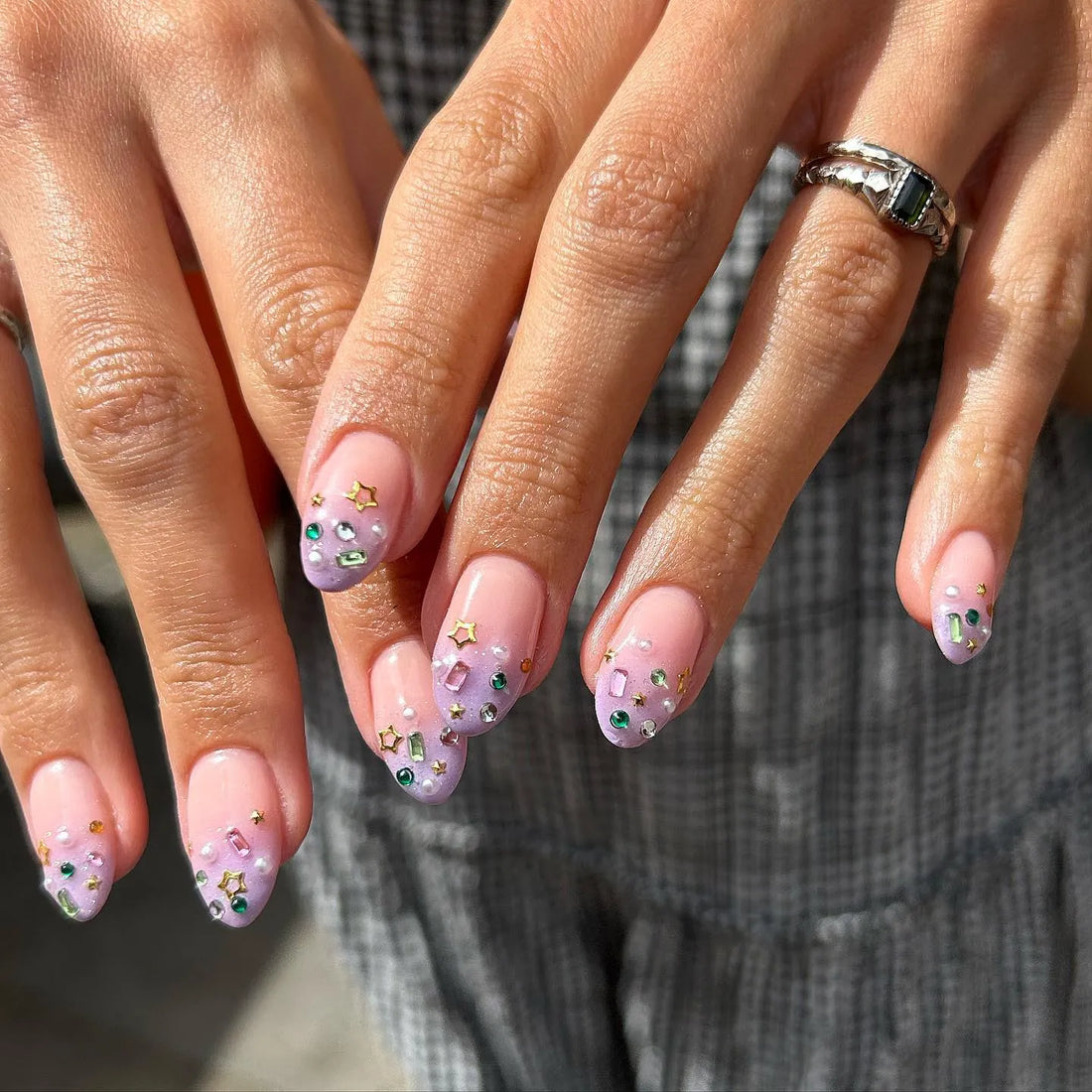 Handmade lavender ombre press-on nails with gemstone and gold star accents