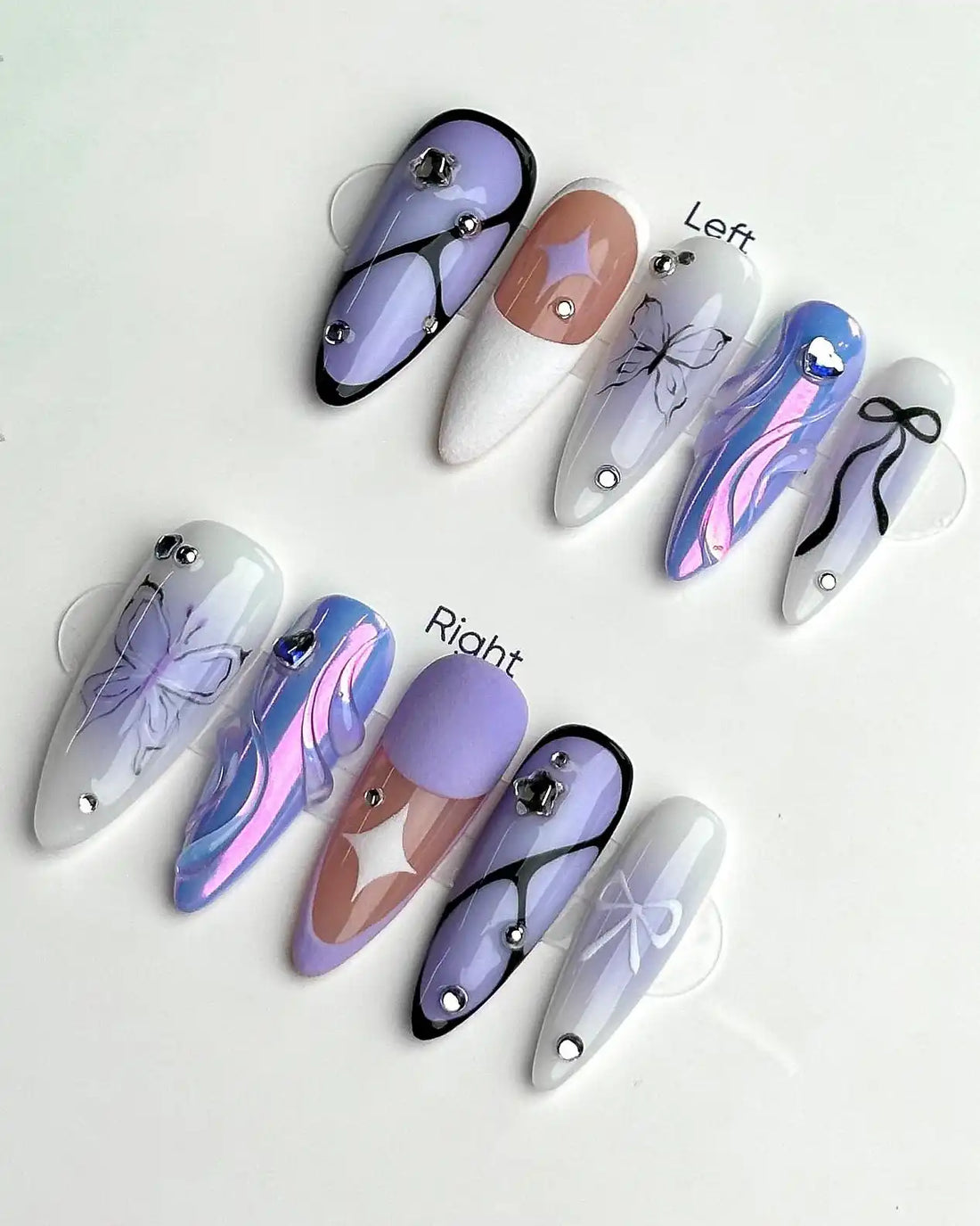 Handmade lavender purple iridescent butterfly bow French tip press-on nails with rhinestones