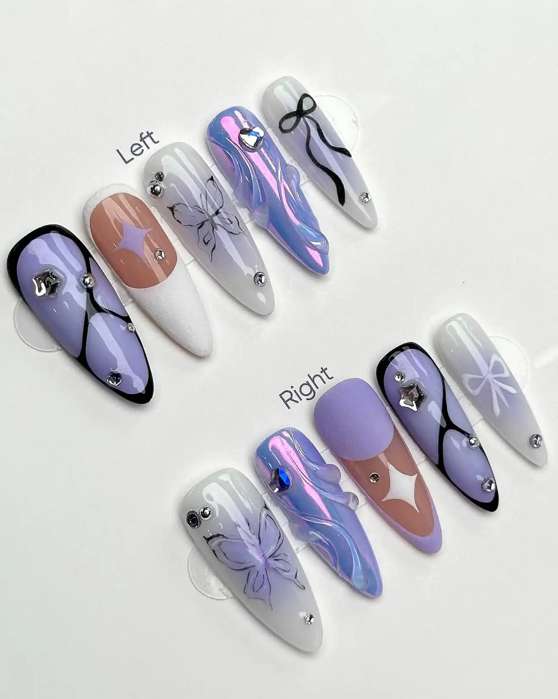 Handmade lavender purple iridescent butterfly bow French tip press-on nails with rhinestones