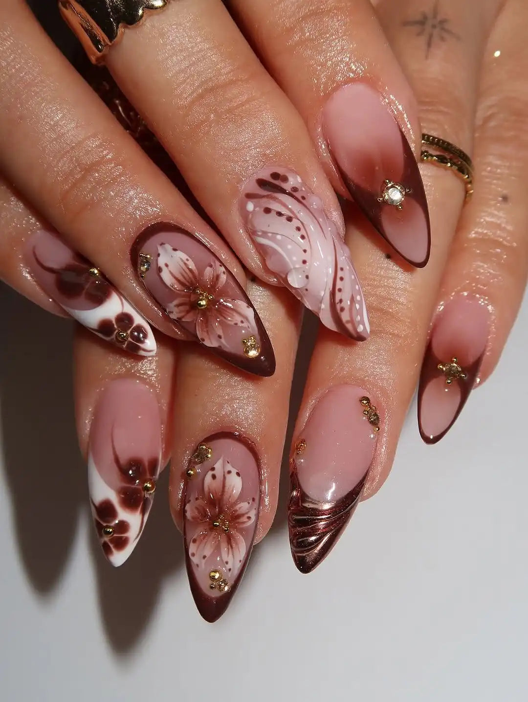 Handmade mocha latte brown ombre press-on nails with 3D floral and polka dot designs
