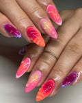 Handmade press-on nails with neon pink, orange, and purple gradient, summer beach 3D design.
