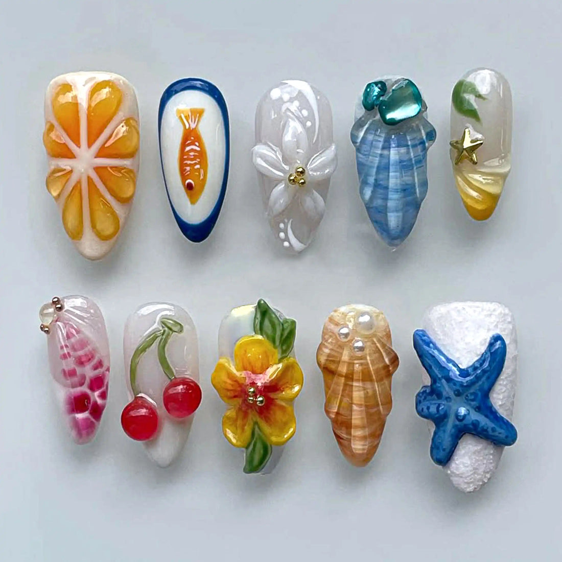 Handmade 3D ocean fruit floral shell starfish press-on nails with detailed designs