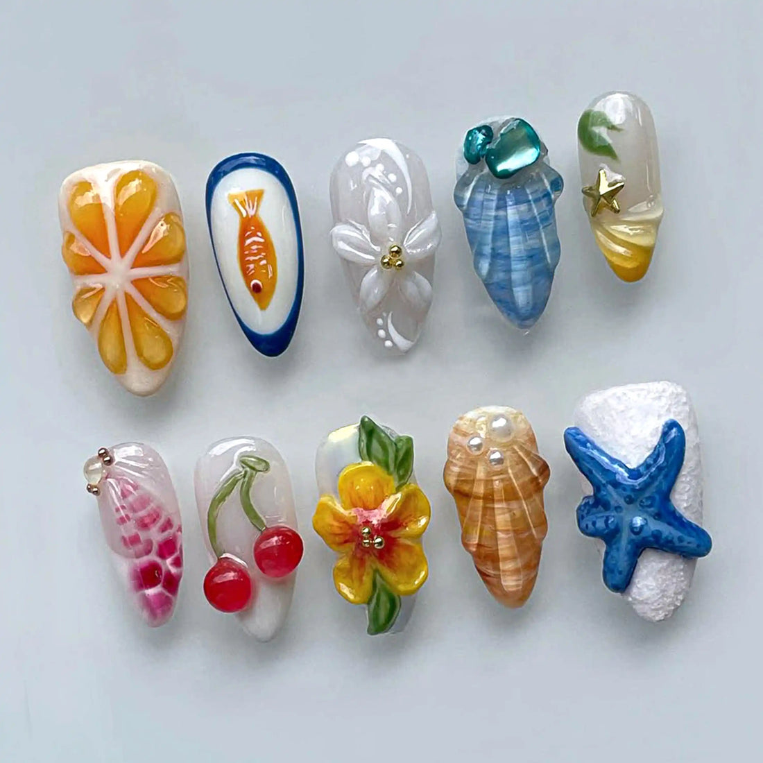 Handmade 3D ocean fruit floral shell starfish press-on nails with detailed designs