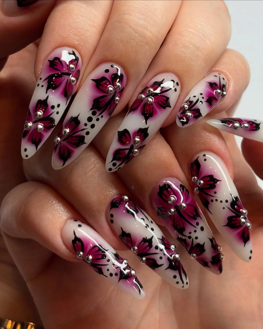 Handmade pink butterfly floral rhinestone press-on nails, elegant long almond shape