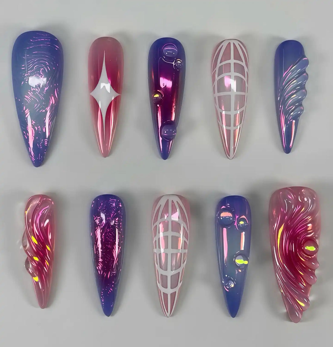 Handmade press-on nails with pink, purple chrome, abstract star, and glow accents
