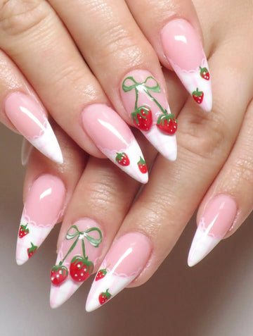 Handmade Pink White French Tip with Strawberry and Bow Press on Nails F86