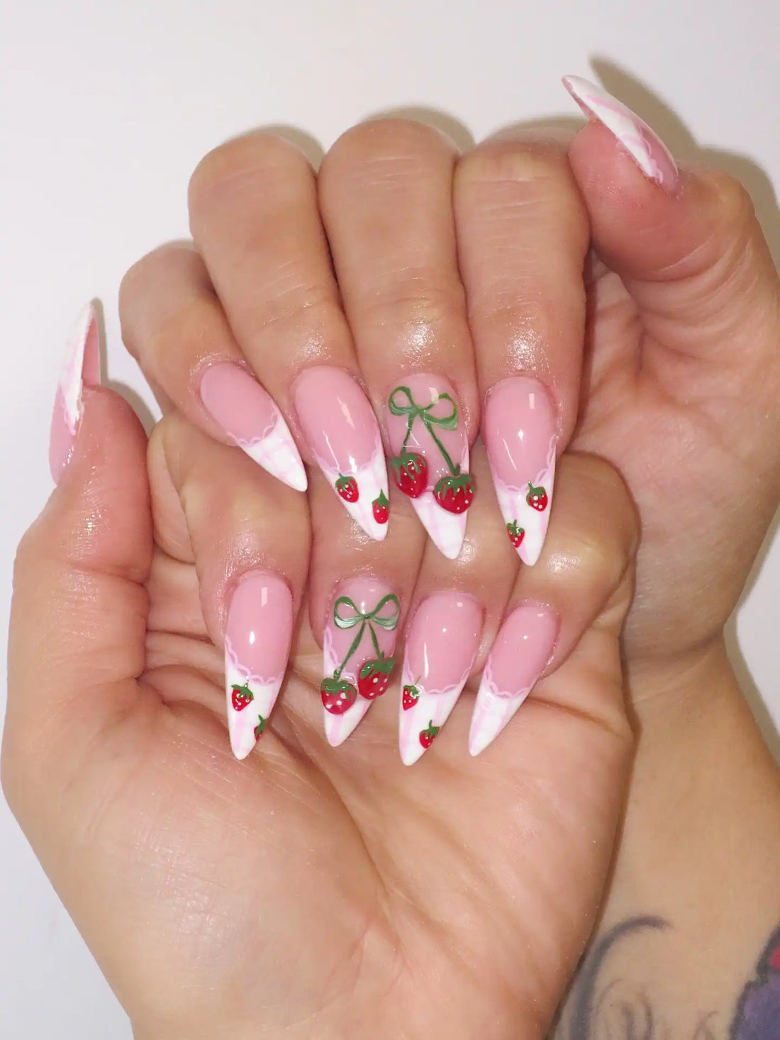 Handmade Pink White French Tip with Strawberry and Bow Press on Nails F86