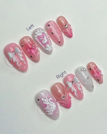 Handmade pink and white press-on nails with swan, bow, jewels, and glitter accents, arranged for left and right hands.