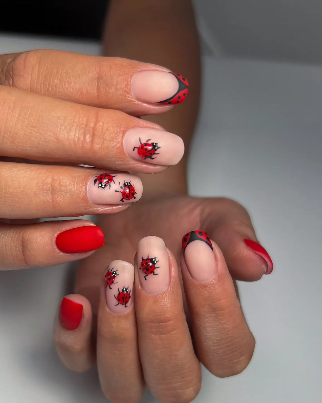 Hand with handmade red ladybug polka dot French tip press-on nails, nature nail art design