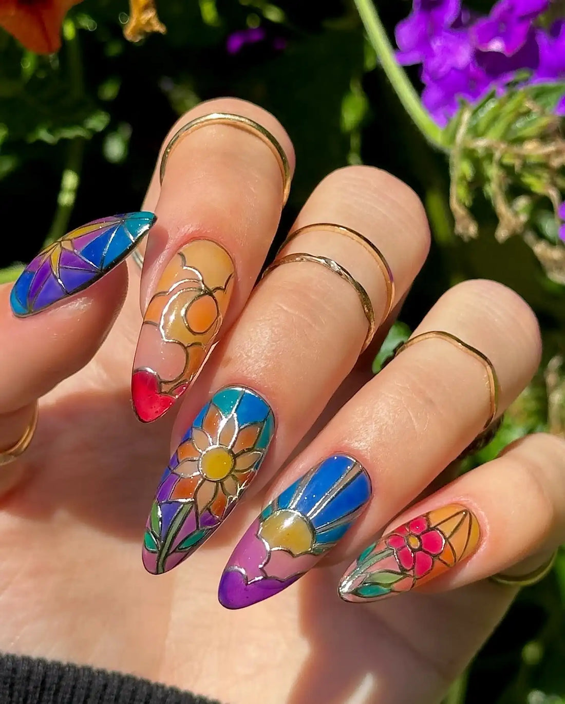 Handmade stained glass floral press-on nails with rainbow garden spring art design