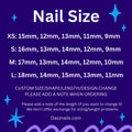 Nail size chart for press-on nails with measurements for XS, S, M, L on purple background.