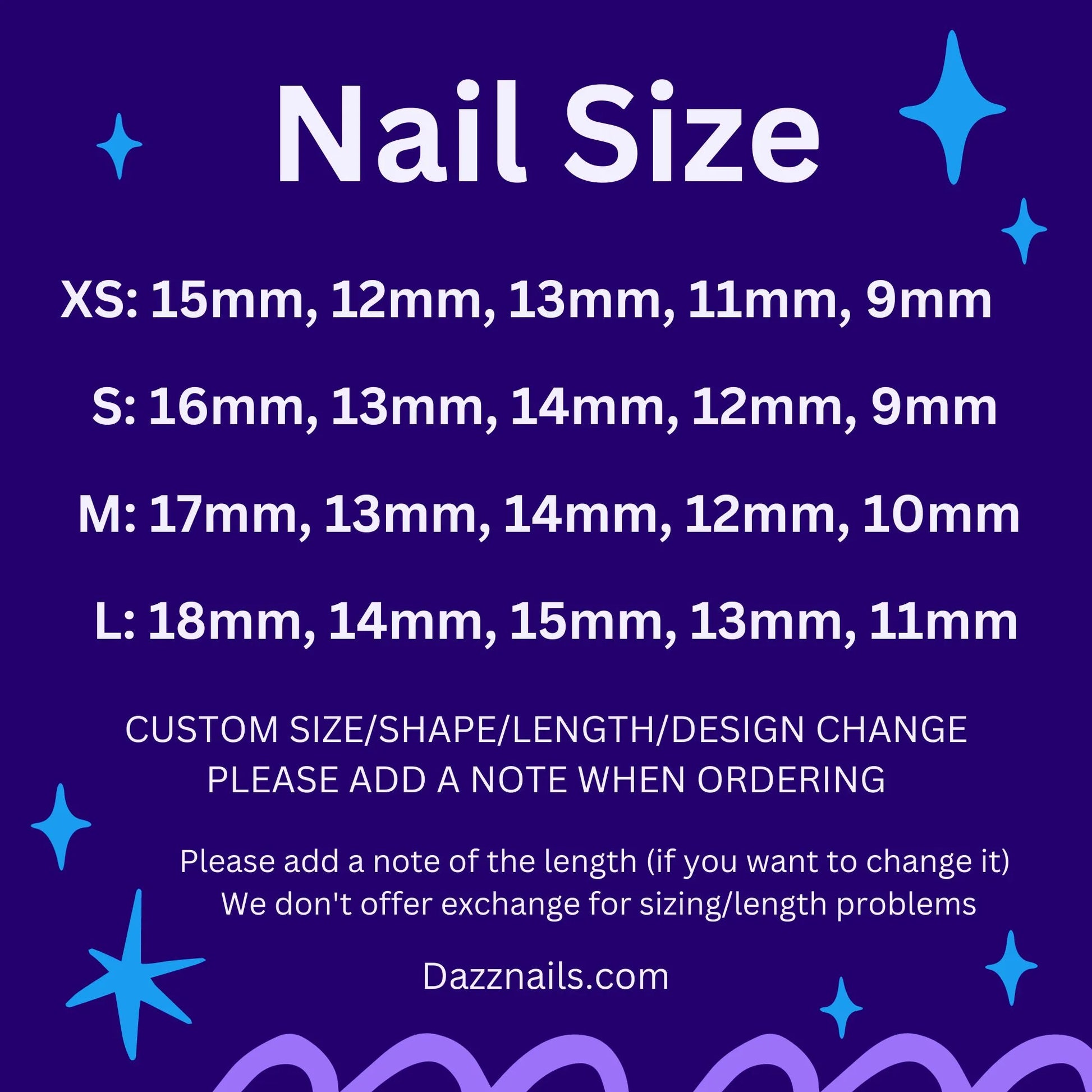 Nail size chart for press-on nails with measurements for XS, S, M, L on purple background.