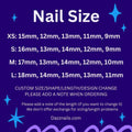 Nail size chart for handmade press-on nails with XS, S, M, L measurements in millimeters.