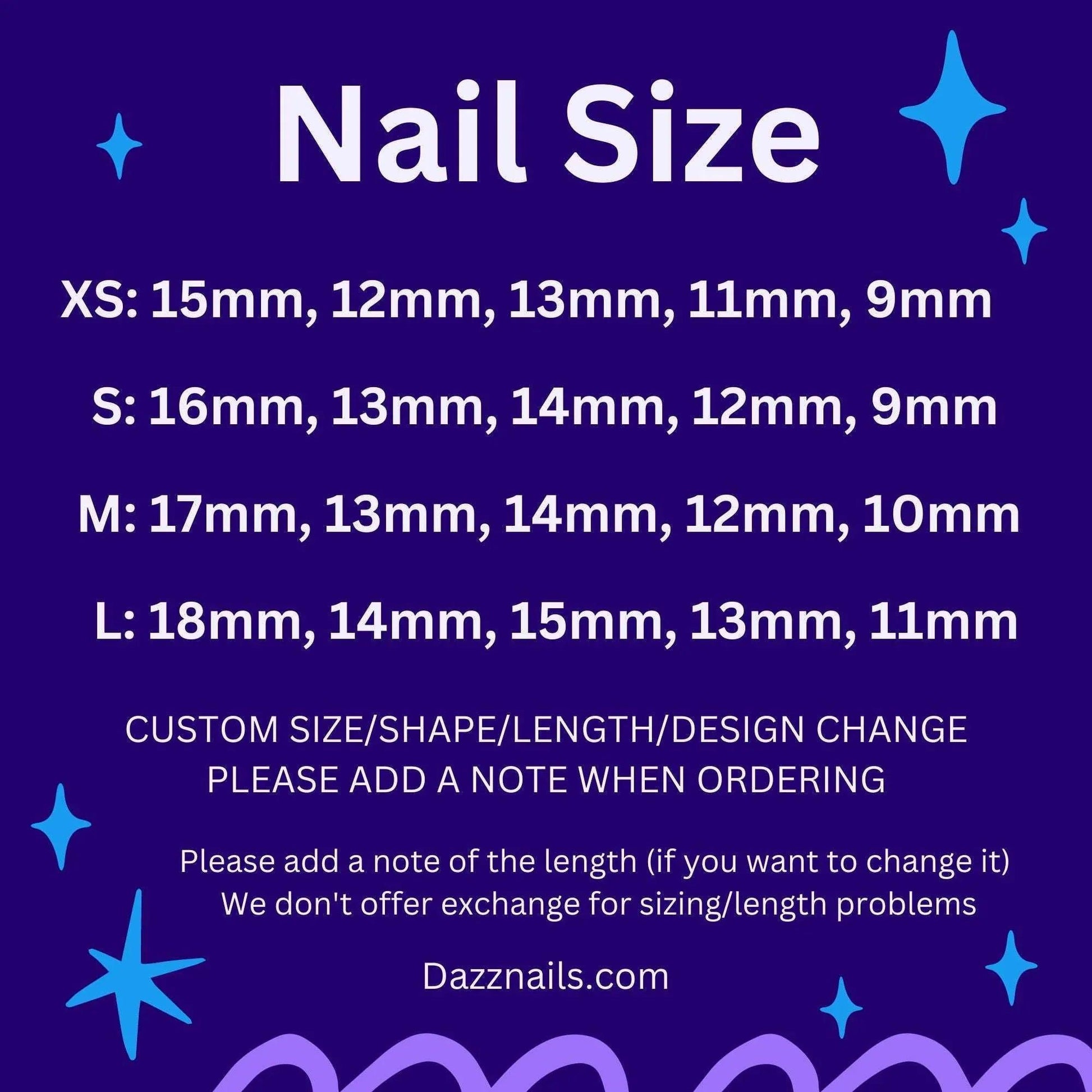Nail size chart for handmade press-on nails with XS, S, M, L measurements in millimeters.