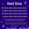 Nail size chart for custom press-on nails with measurements for XS, S, M, and L sizes.
