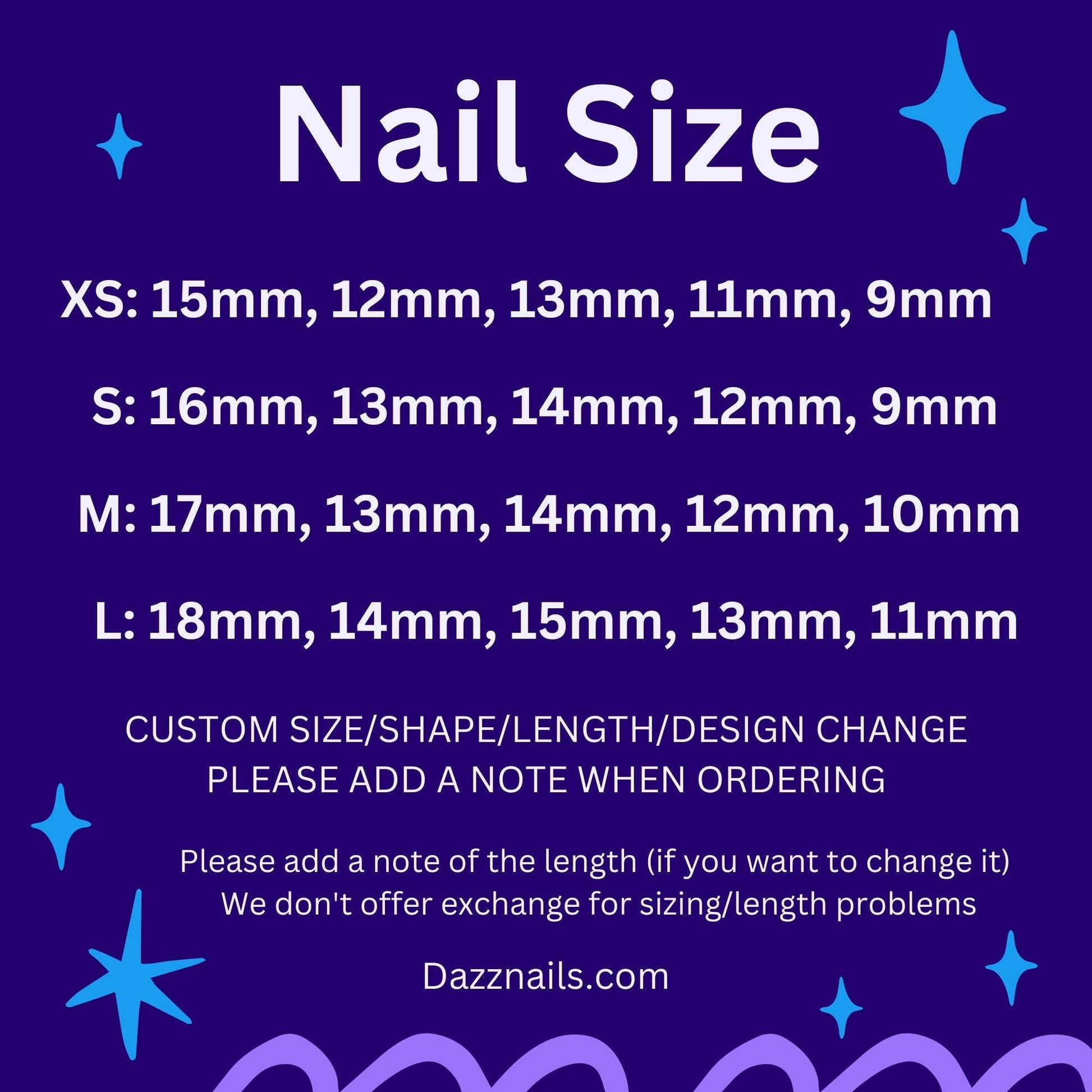 Nail size chart with measurements for XS, S, M, L press-on nails on a purple background.