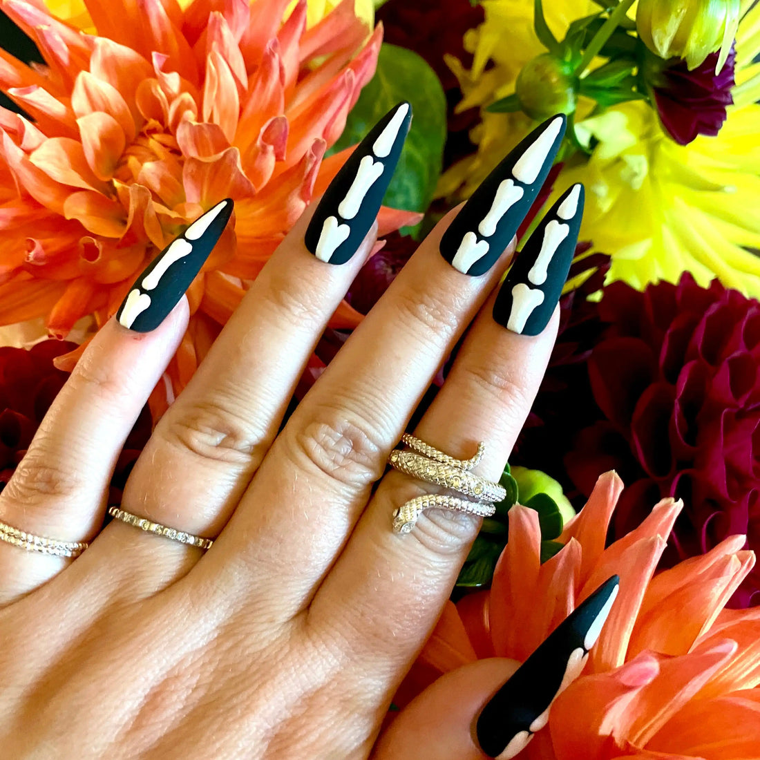 Black press-on nails with white skeleton bone design, Halloween reusable nail set